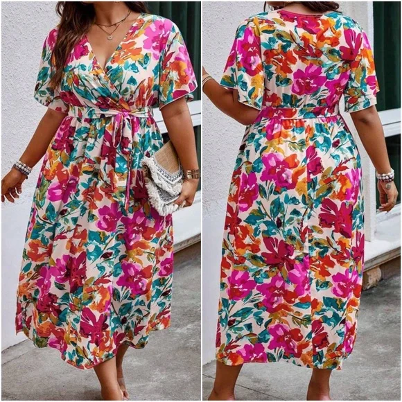Plus Floral Print Butterfly Sleeve Dress - Picture 8 of 8